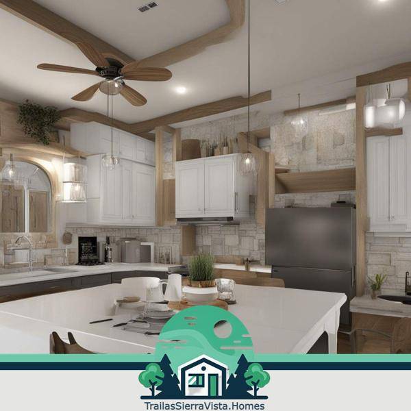 Moderna cocina de concepto abierto en una traila ideal para maximizar el espacio y disfrutar de un ambiente acogedor