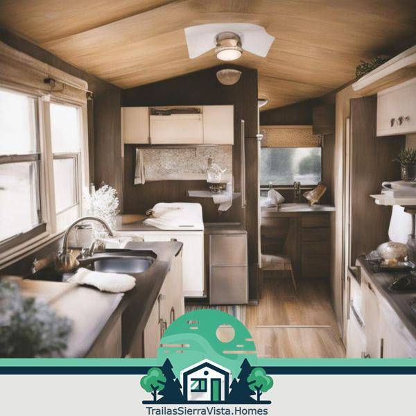 Cocina de traila equipada con modernos gabinetes de granito ideal para disfrutar de un espacio funcional y acogedor en tu hogar móvil