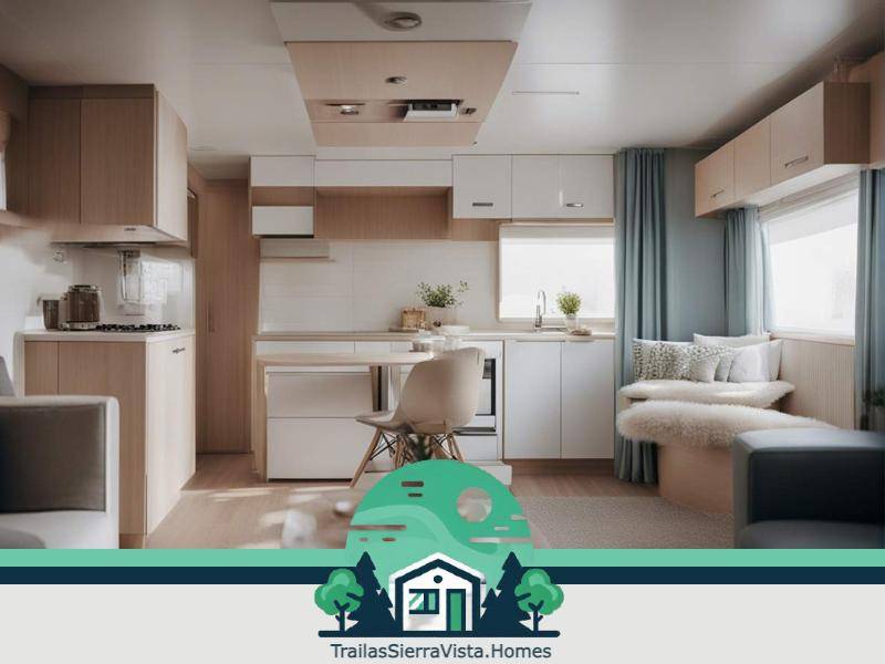 Interiores de traila con un diseño elegante que combina confort y estilo ideales para quienes buscan una opción de renta asequible y acogedora