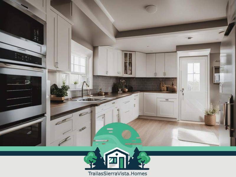 Cocina moderna en tonos neutros dentro de una traila ideal para quienes buscan comodidad y estilo en su hogar móvil