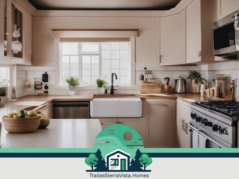 Amplio gabinete de cocina en una traila ideal para disfrutar de un hogar cómodo y accesible en comunidad hispana