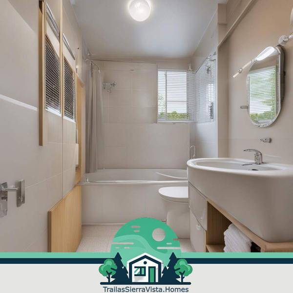 Baño de traila con un diseño moderno y funcional ideal para maximizar el espacio en tu hogar sobre ruedas