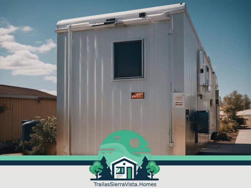 Vista de válvulas y tuberías de aguas residuales en una traila destacando la infraestructura esencial para una vivienda móvil en renta