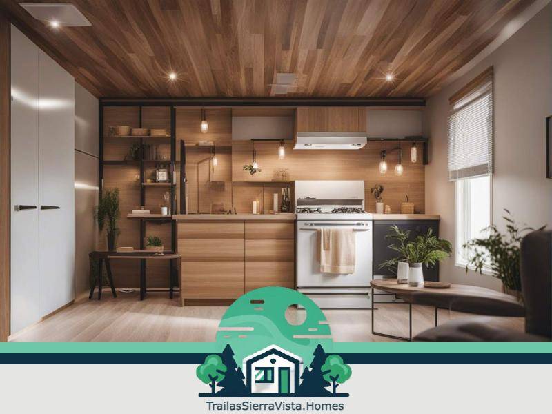 Baño moderno y acogedor en el interior de una traila ideal para quienes buscan comodidad y estilo en una vivienda económica