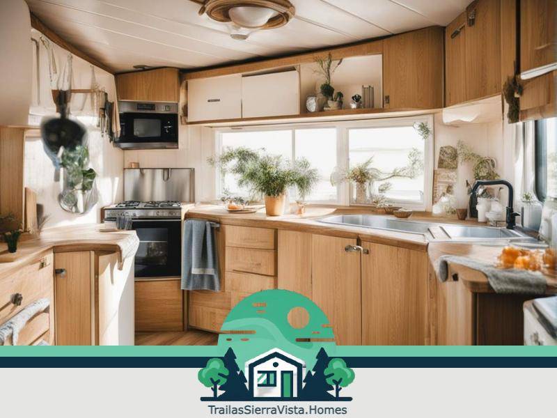 Vista de la decoración de la cocina en una traila mostrando un ambiente acogedor y funcional para disfrutar en familia