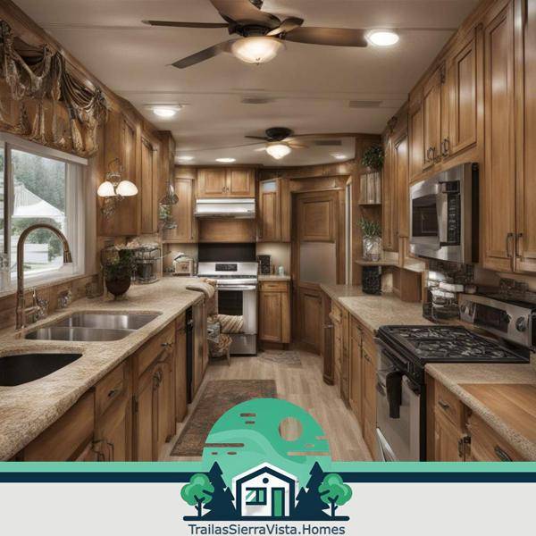 Cocina rústica en una traila con detalles acogedores y funcionales perfecta para disfrutar de comidas en familia en un hogar móvil