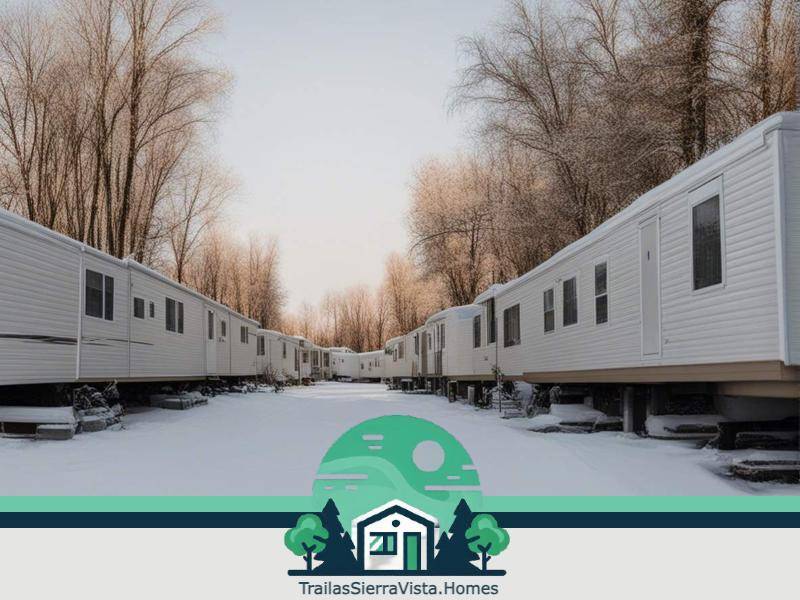 Traila cubierta de hielo destacando la adaptación de viviendas móviles en climas fríos para la comunidad hispana en busca de rentas asequibles en EE UU