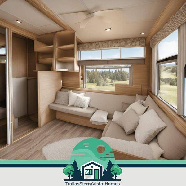 Interior rústico y bien organizado de una traila que refleja comodidad y estilo en un espacio compacto ideal para vivir en renta