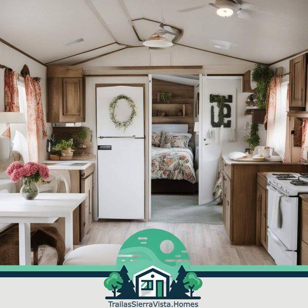 Interior de una traila con cocina bien organizada mostrando un espacio funcional y acogedor para la vida diaria