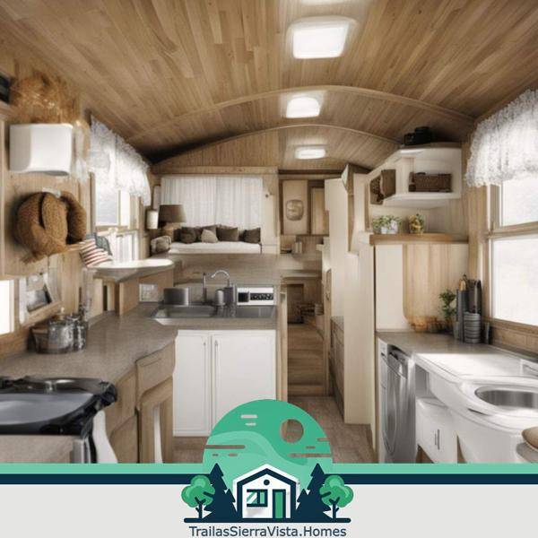 Vista de la cocina en una traila mostrando su diseño acogedor y funcionalidad para un hogar confortable y asequible