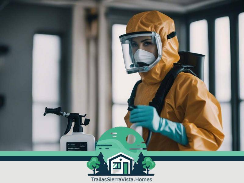 Traila ubicada en un paisaje agrícola mientras un agricultor aplica pesticida reflejando opciones de vivienda asequible en áreas rurales